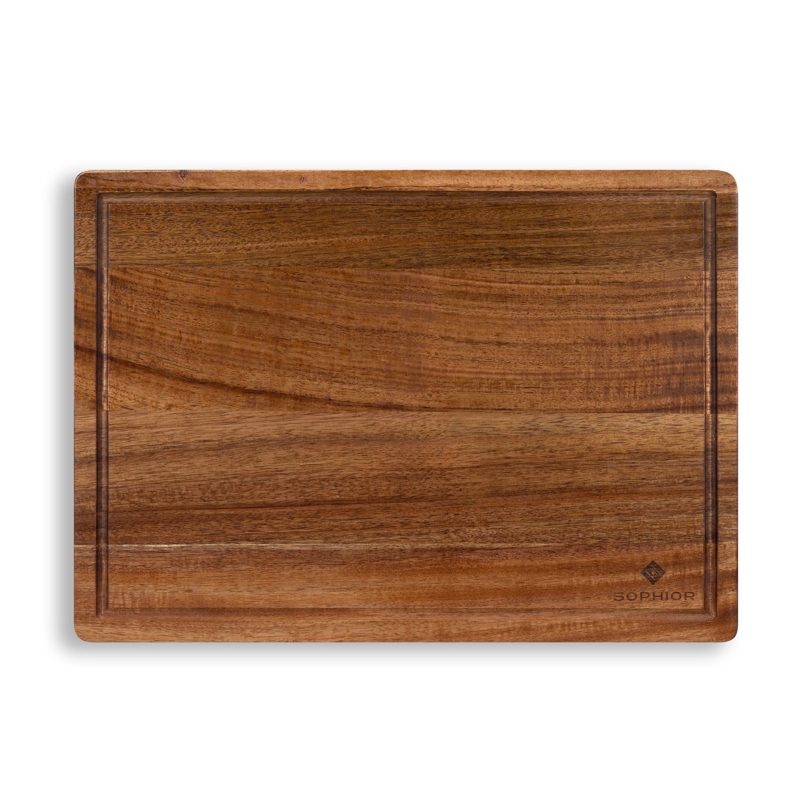 Houten Snijplank Acacia – 42×30×2,5 cm vooraanzicht met SOPHIOR-brandmerk en sapgootje