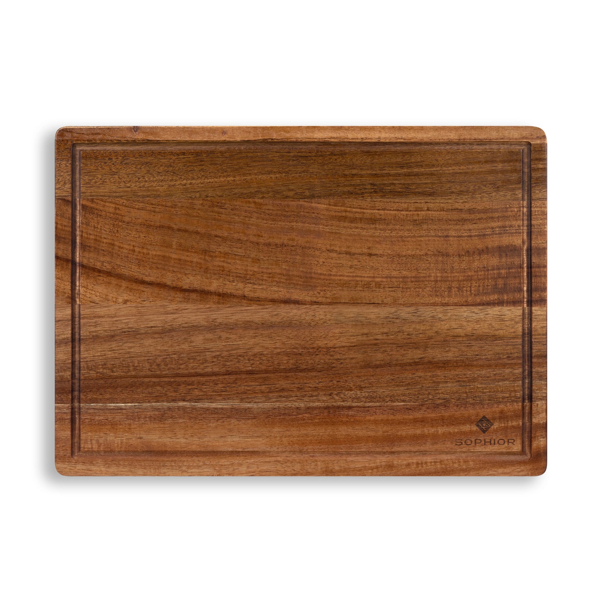 Houten Snijplank Acacia – 42×30×2,5 cm vooraanzicht met SOPHIOR-brandmerk en sapgootje