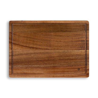 Houten Snijplank Acacia – 42×30×2,5 cm vooraanzicht met SOPHIOR-brandmerk en sapgootje