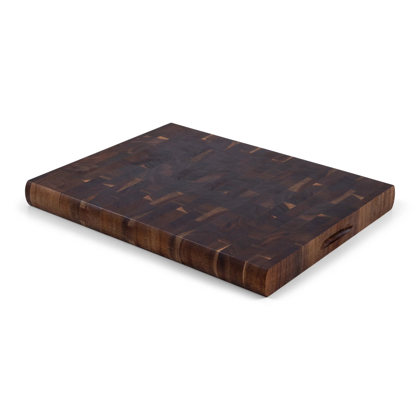 Houten Snijplank Acacia Kopshout – 45×35×4 cm achterkant met afgeronde randen en handgreep-uitsparing
