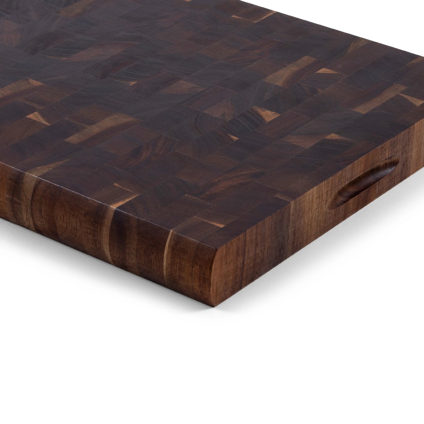 Houten Snijplank Acacia Kopshout – 45×35×4 cm close-up achterkant met handgreep-uitsparing