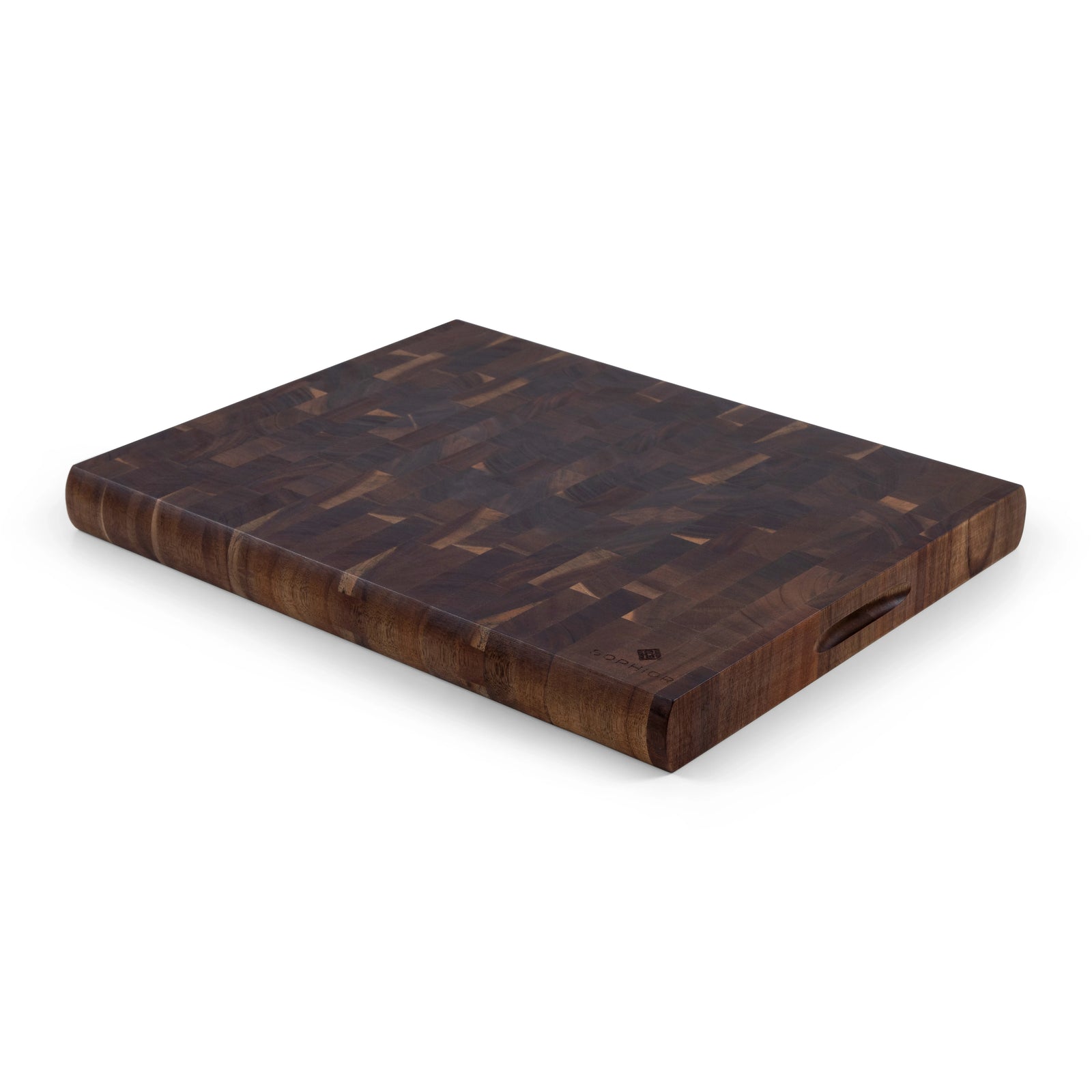 Houten Snijplank Acacia Kopshout – 45×35×4 cm vanuit de hoek met dikke profielzijde en handgreep