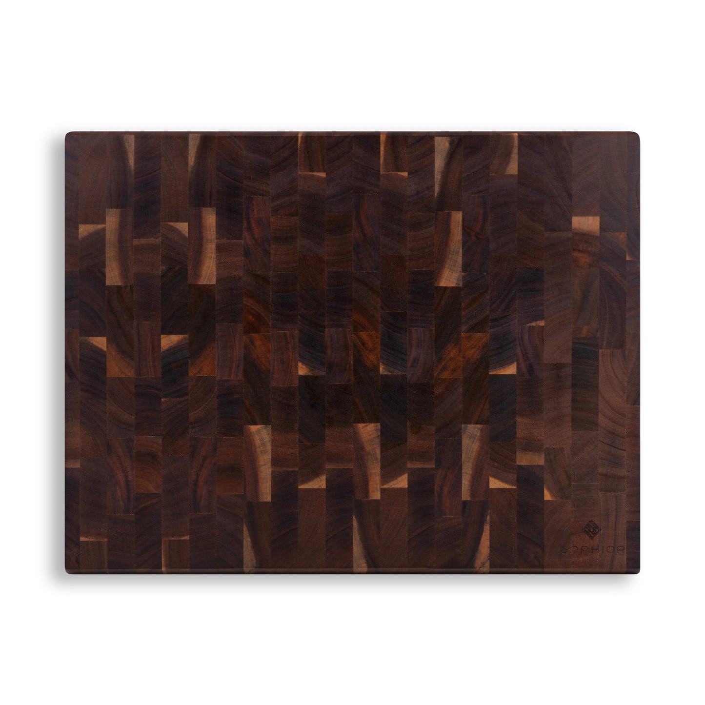 Houten Snijplank Acacia Kopshout – 45×35×4 cm bovenaanzicht met kopshout-mozaïekpatroon en SOPHIOR-logo