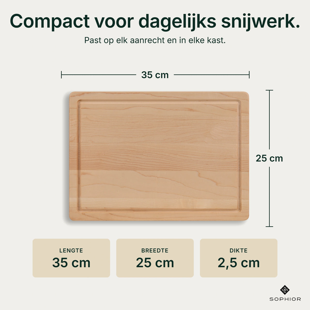 Houten Snijplank Esdoorn - 35×25×2,5 cm - infographic afmetingen