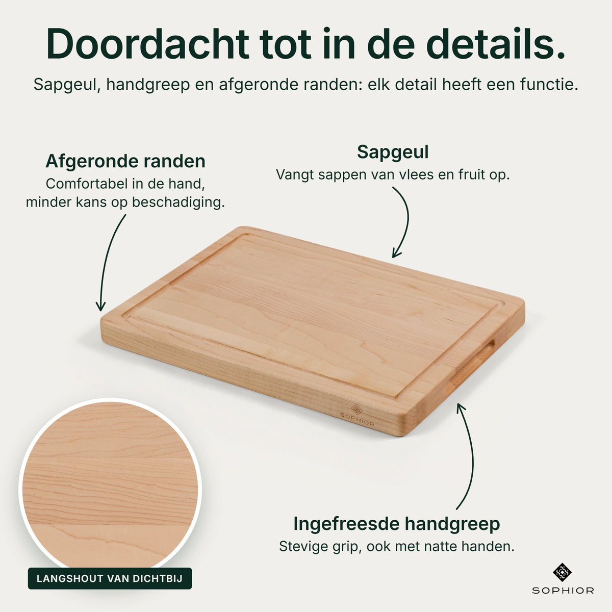 Houten Snijplank Esdoorn - 35×25×2,5 cm - infographic details