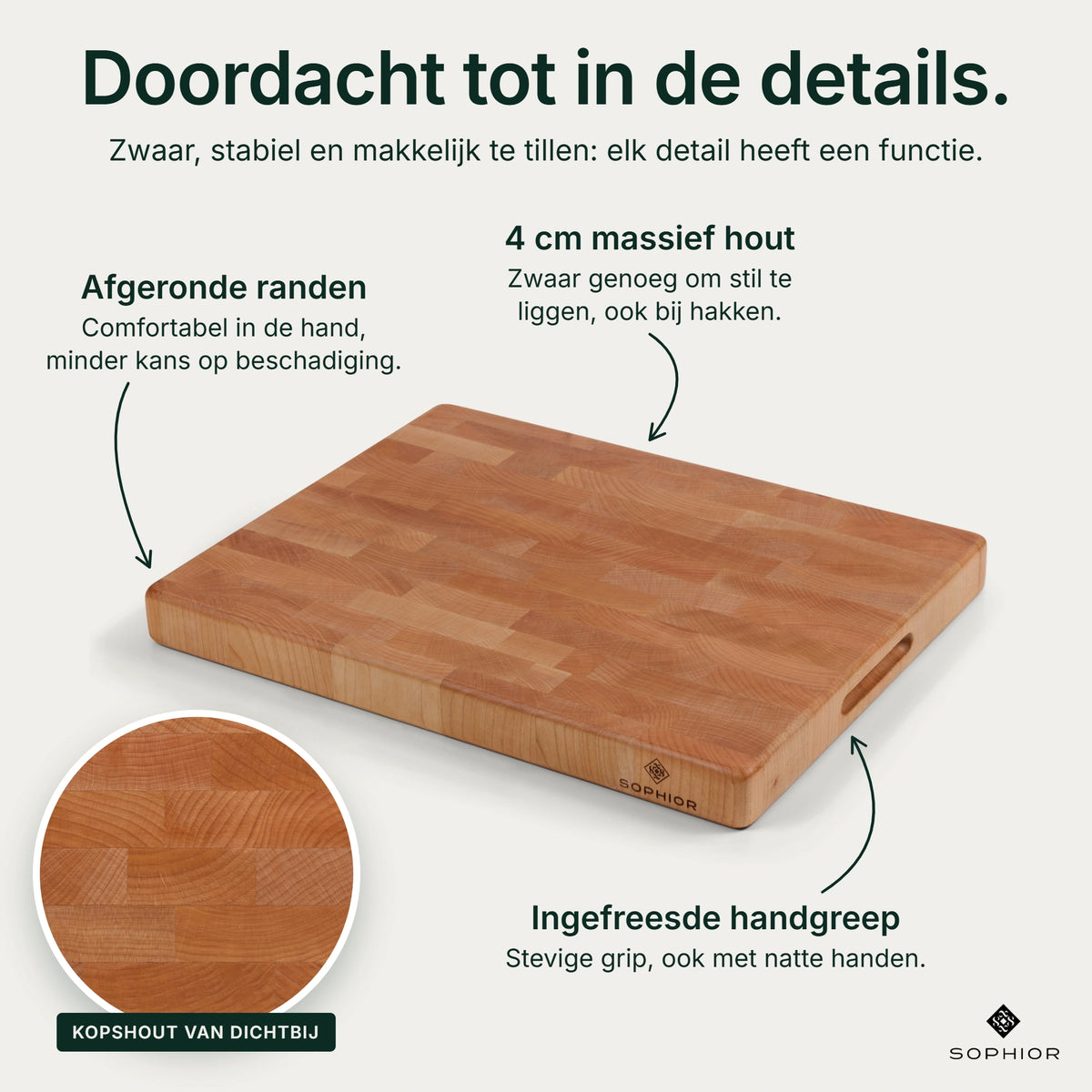 Houten Snijplank Esdoorn Kopshout - 45×35×4 cm - infographic details