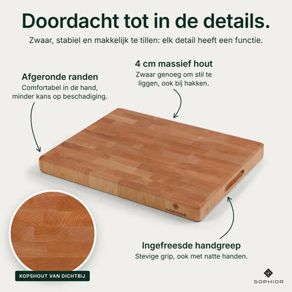 Houten Snijplank Esdoorn Kopshout - 45×35×4 cm - infographic details