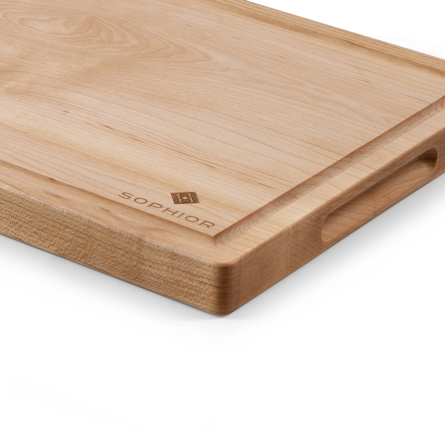 Houten Snijplank Esdoorn 35x25x2,5 cm close-up van zijkant en handgreep