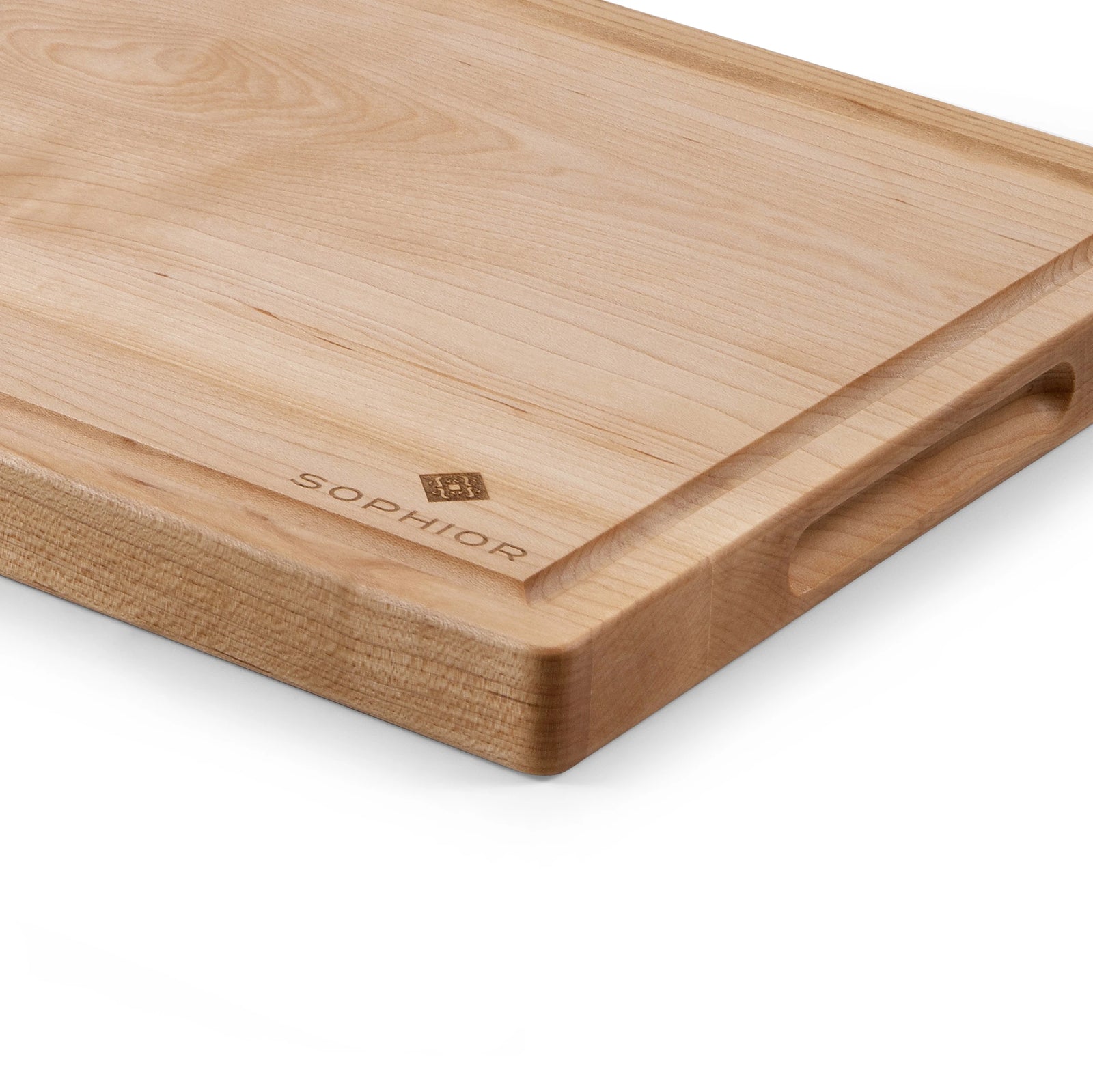 Houten Snijplank Esdoorn 35x25x2,5 cm close-up van zijkant en handgreep