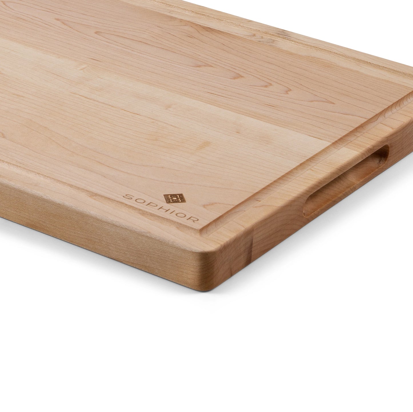 Houten Snijplank Esdoorn 42x30x2,5 cm close-up van hoek met sapgroef en handgreep