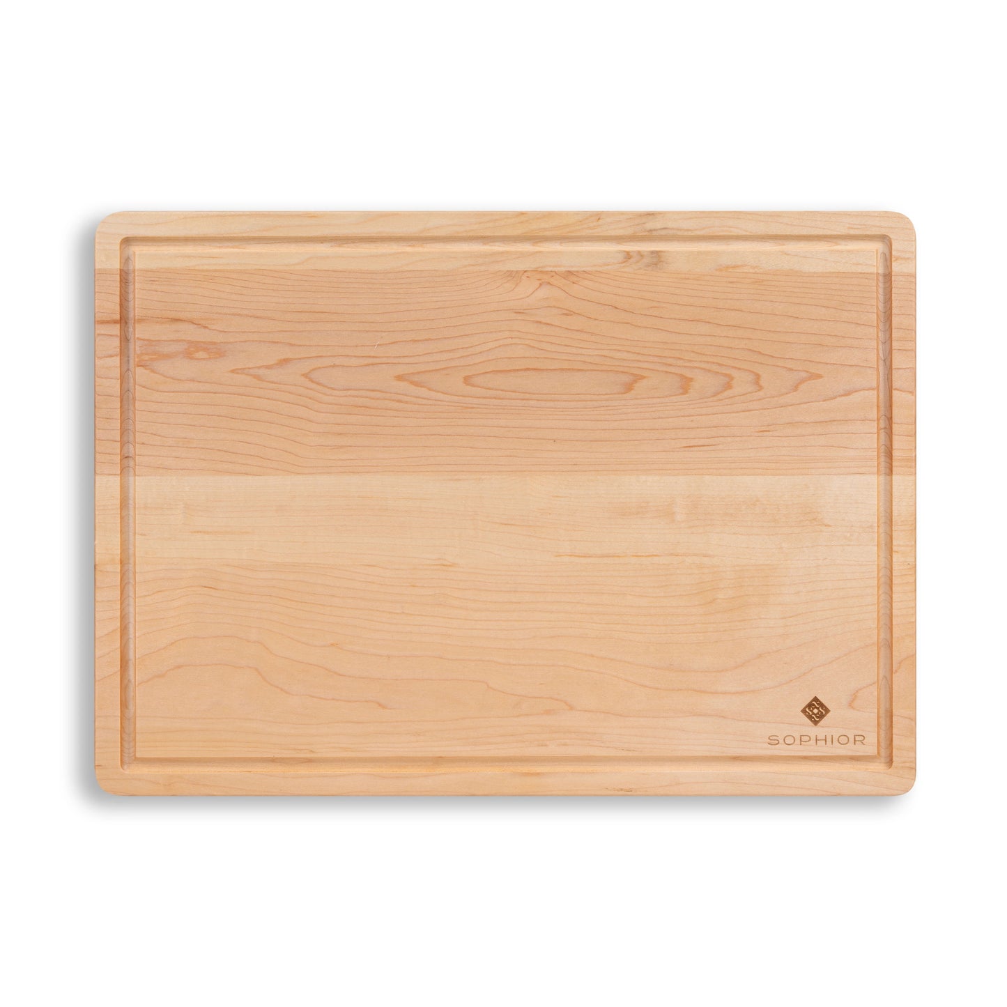 Houten Snijplank Esdoorn 42x30x2,5 cm bovenaanzicht met sapgroef en SOPHIOR logo