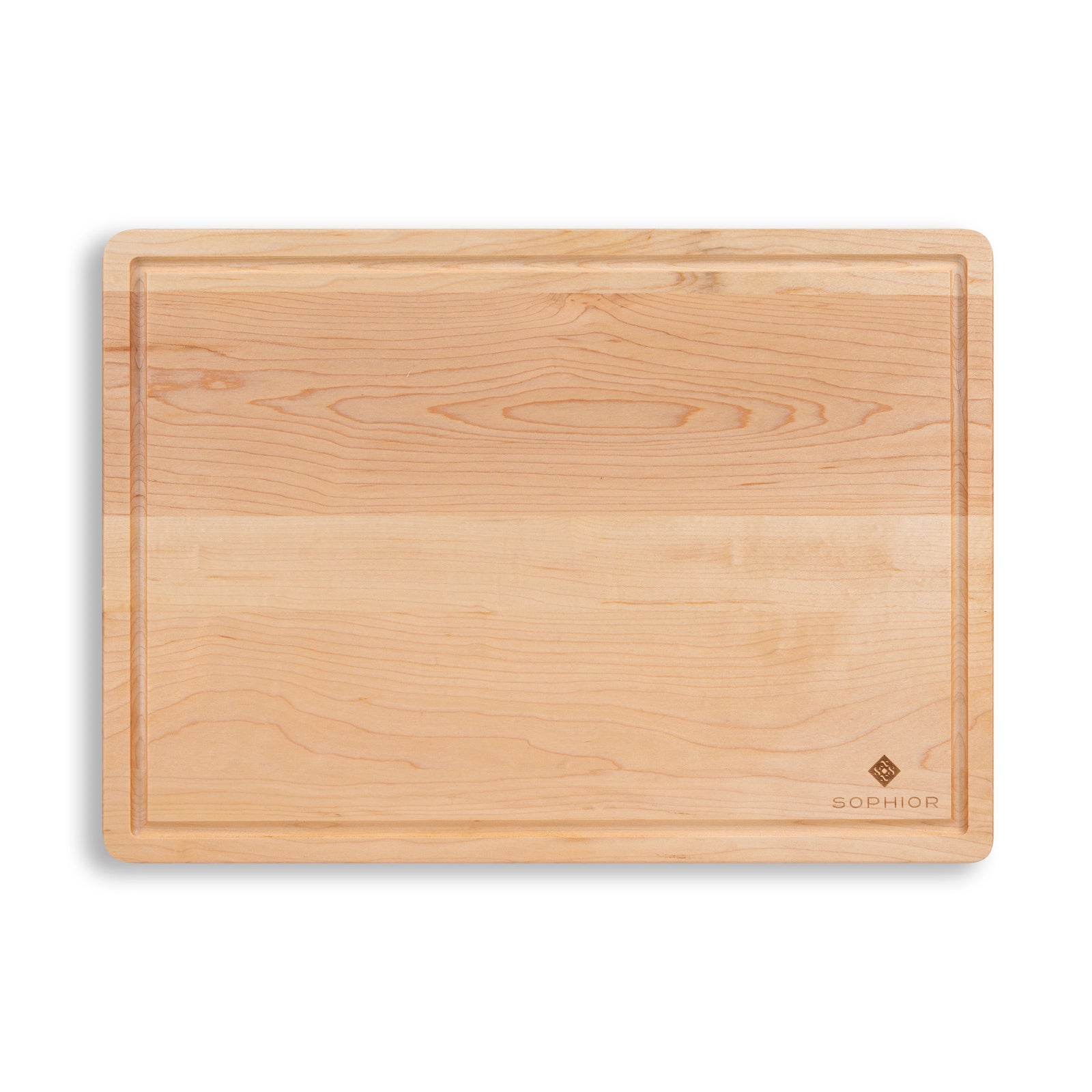 Houten Snijplank Esdoorn 42x30x2,5 cm bovenaanzicht met sapgroef en SOPHIOR logo