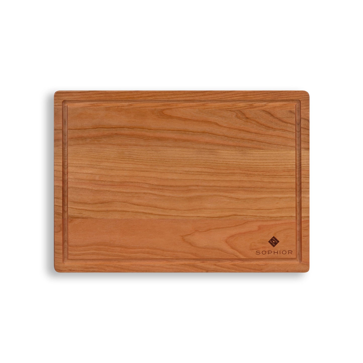 Houten Snijplank Kersen – 35×25×2,5 cm bovenaanzicht met sapgootje en SOPHIOR-brandmerk