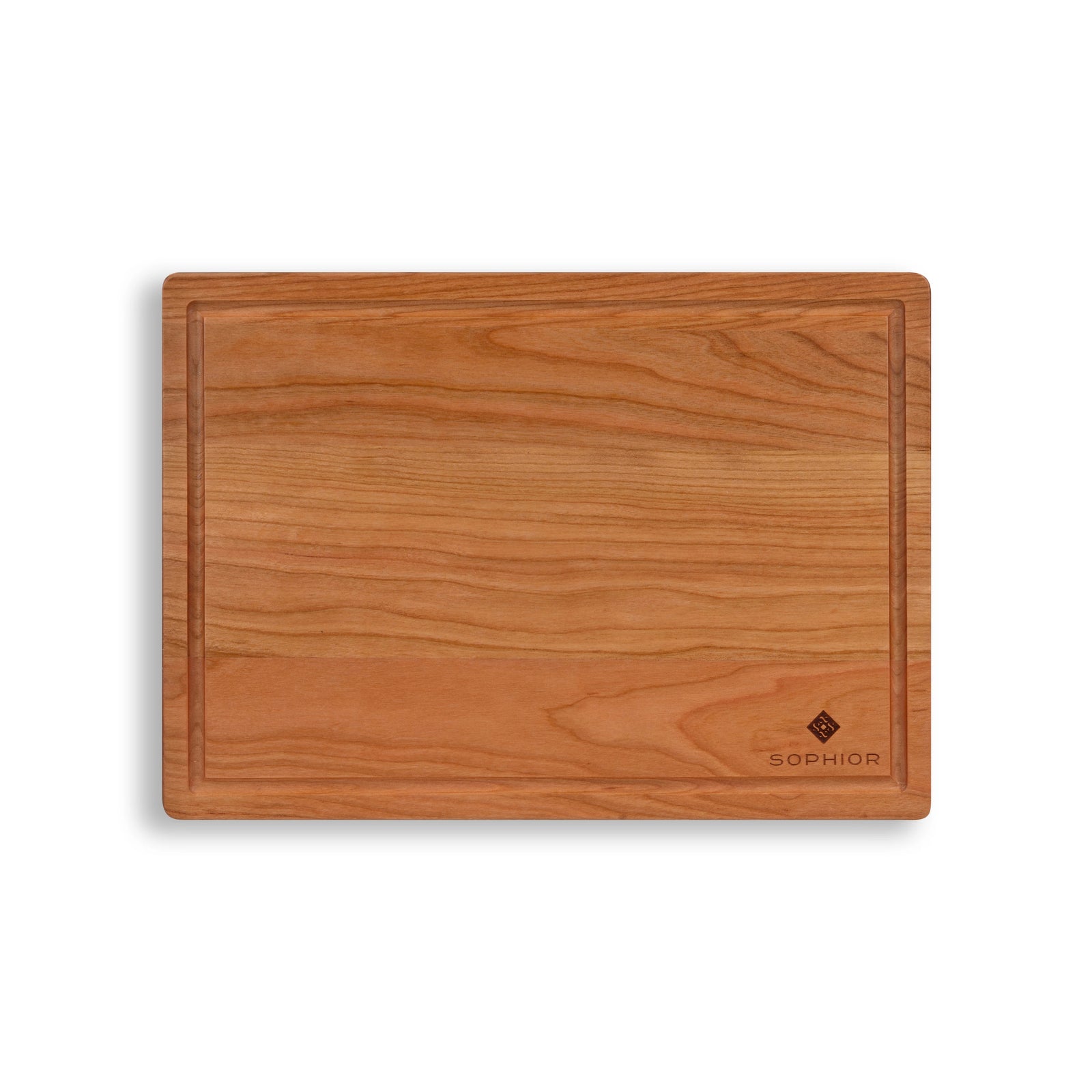 Houten Snijplank Kersen – 35×25×2,5 cm bovenaanzicht met sapgootje en SOPHIOR-brandmerk