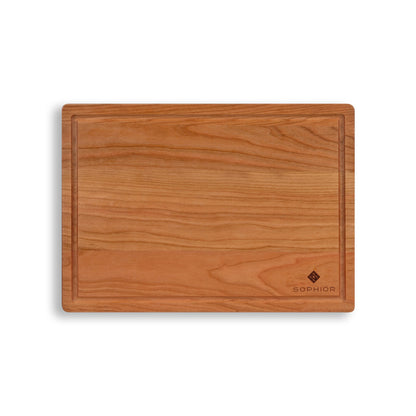 Houten Snijplank Kersen – 35×25×2,5 cm bovenaanzicht met sapgootje en SOPHIOR-brandmerk