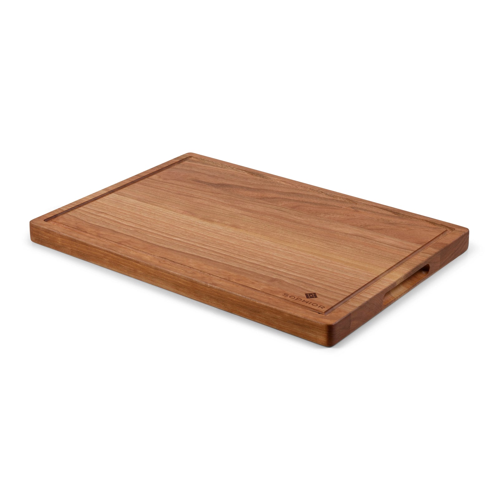Houten Snijplank Kersen – 42×30×2,5 cm vanuit de hoek met handvat-uitsparing