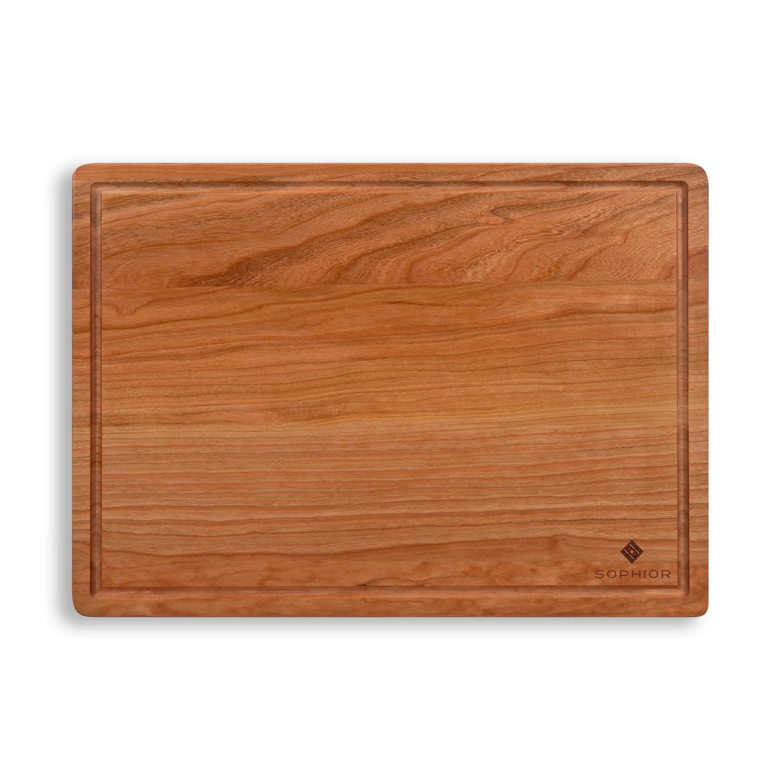 Houten Snijplank Kersen – 42×30×2,5 cm vooraanzicht met sapgroef en SOPHIOR logo