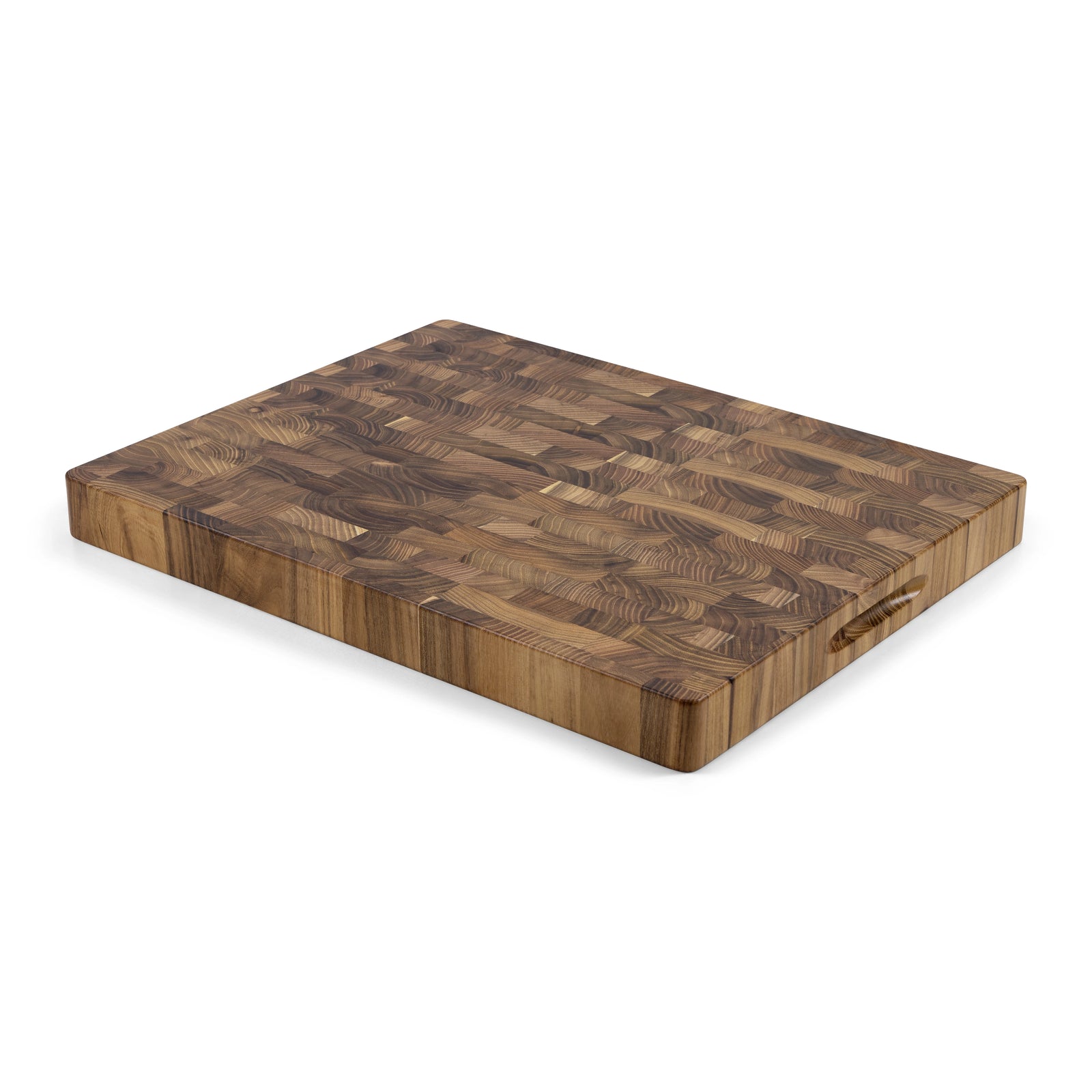 Houten Snijplank Teak Kopshout – 45×35×4 cm achterkant met SOPHIOR brandmerk en handgreep