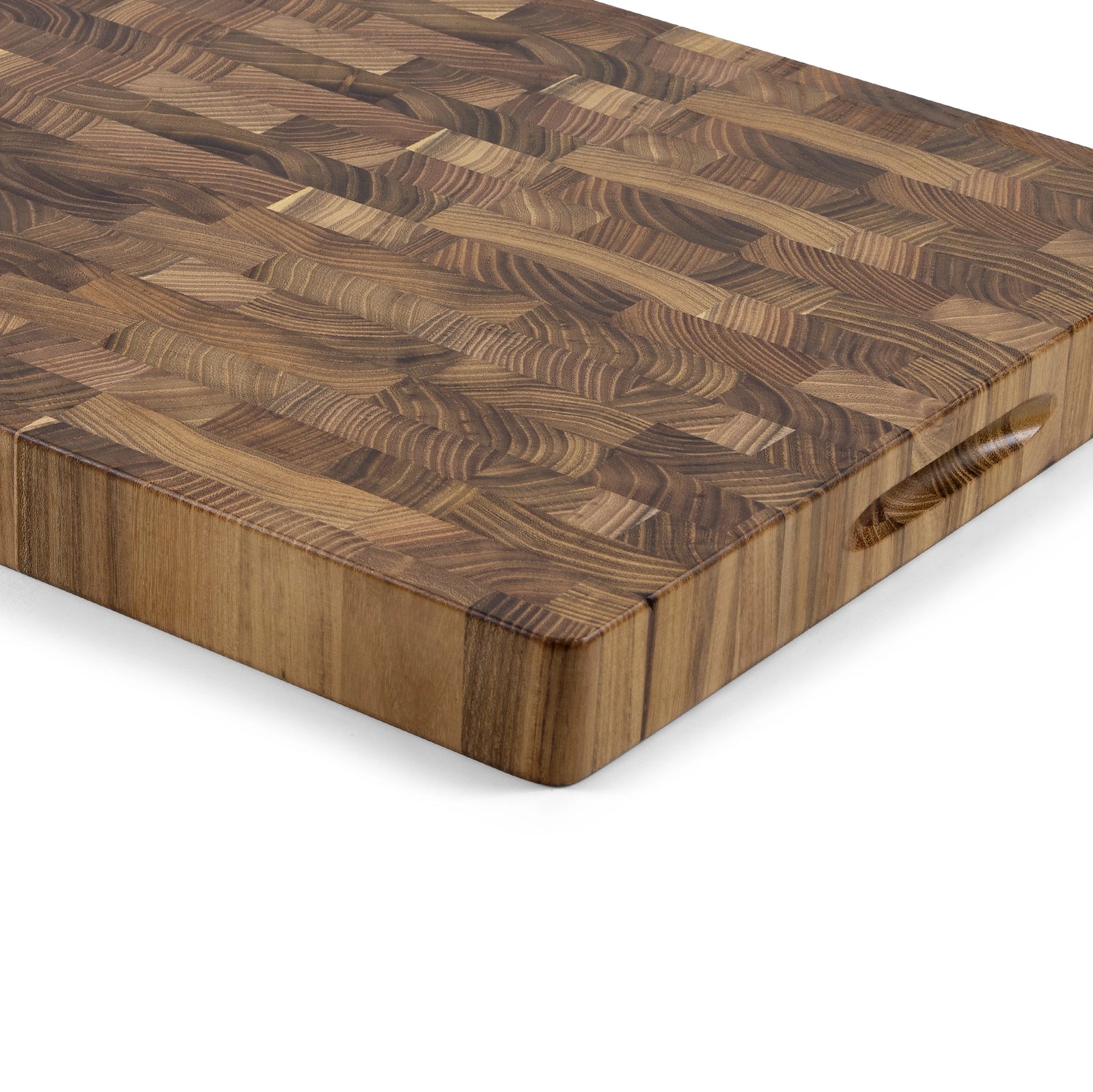 Houten Snijplank Teak Kopshout – 45×35×4 cm close-up van achterkant en handgreep