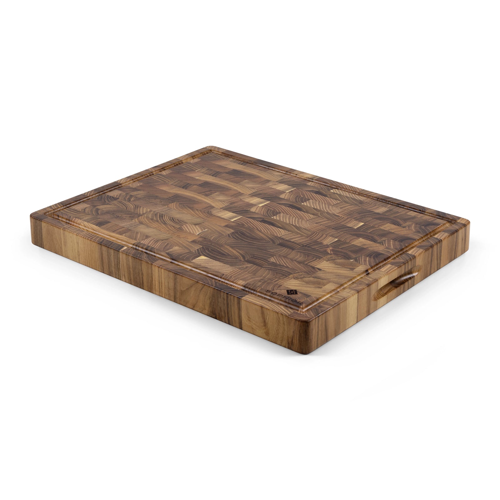Houten Snijplank Teak Kopshout – 45×35×4 cm vanuit de hoek met handgrepen aan zijkant