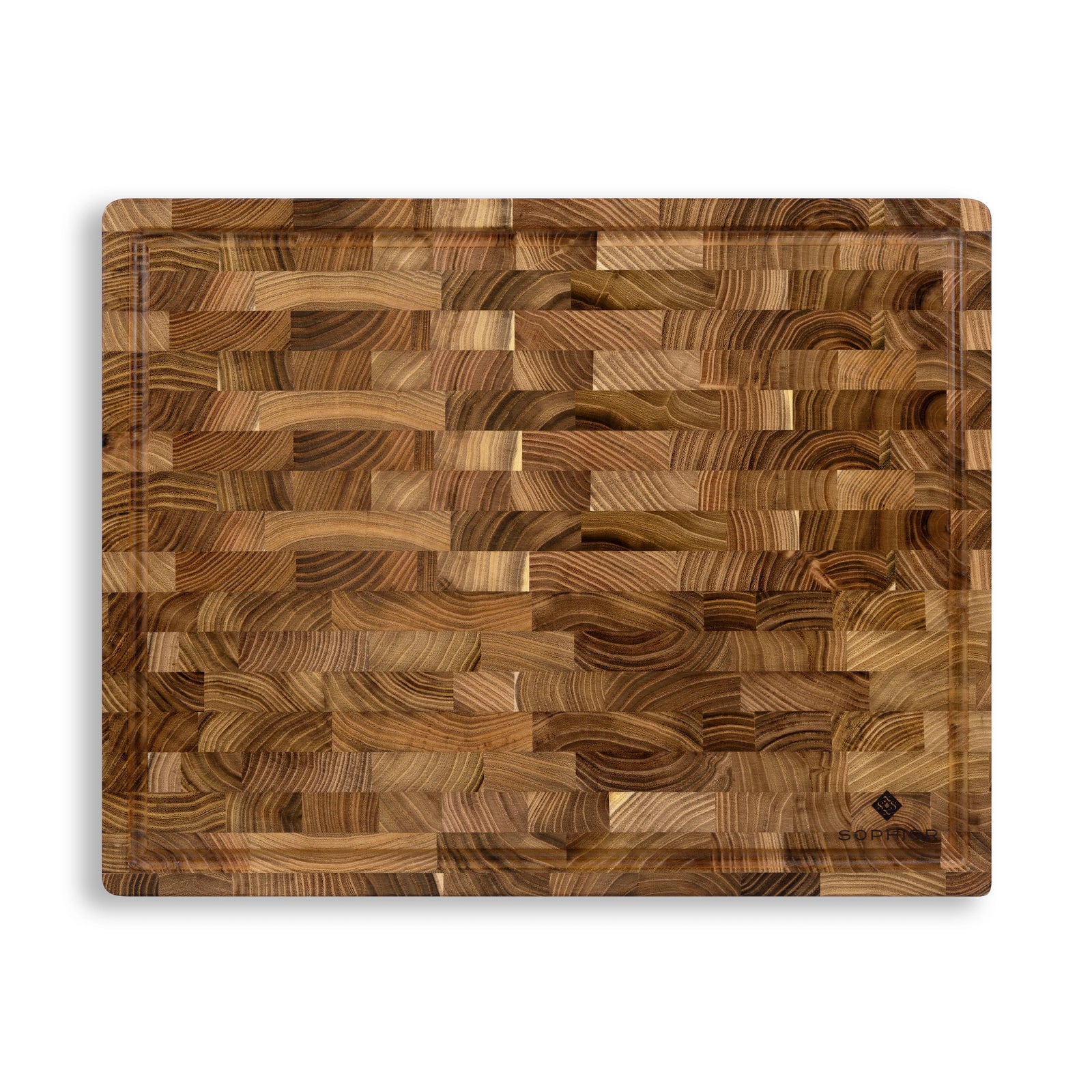 Houten Snijplank Teak Kopshout – 45×35×4 cm vooraanzicht met kopshout-patroon en sapgeul