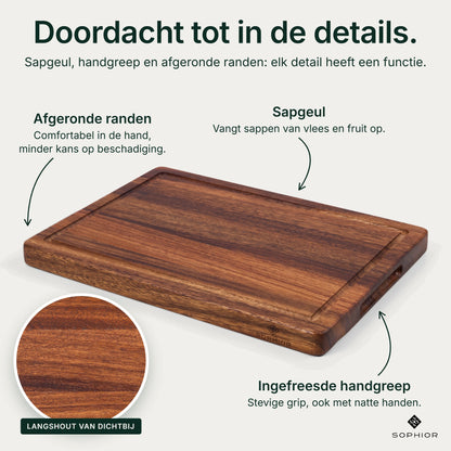 Details Houten Snijplank Walnoot 35×25×2,5 cm: afgeronde randen, sapgeul die sappen van vlees en fruit opvangt en ingefreesde handgrepen