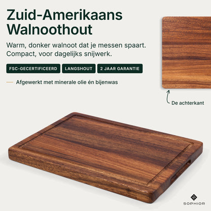 Infographic Houten Snijplank Walnoot 35×25×2,5 cm: walnoothout in langshout, FSC-gecertificeerd, 2 jaar garantie, afgewerkt met minerale olie en bijenwas