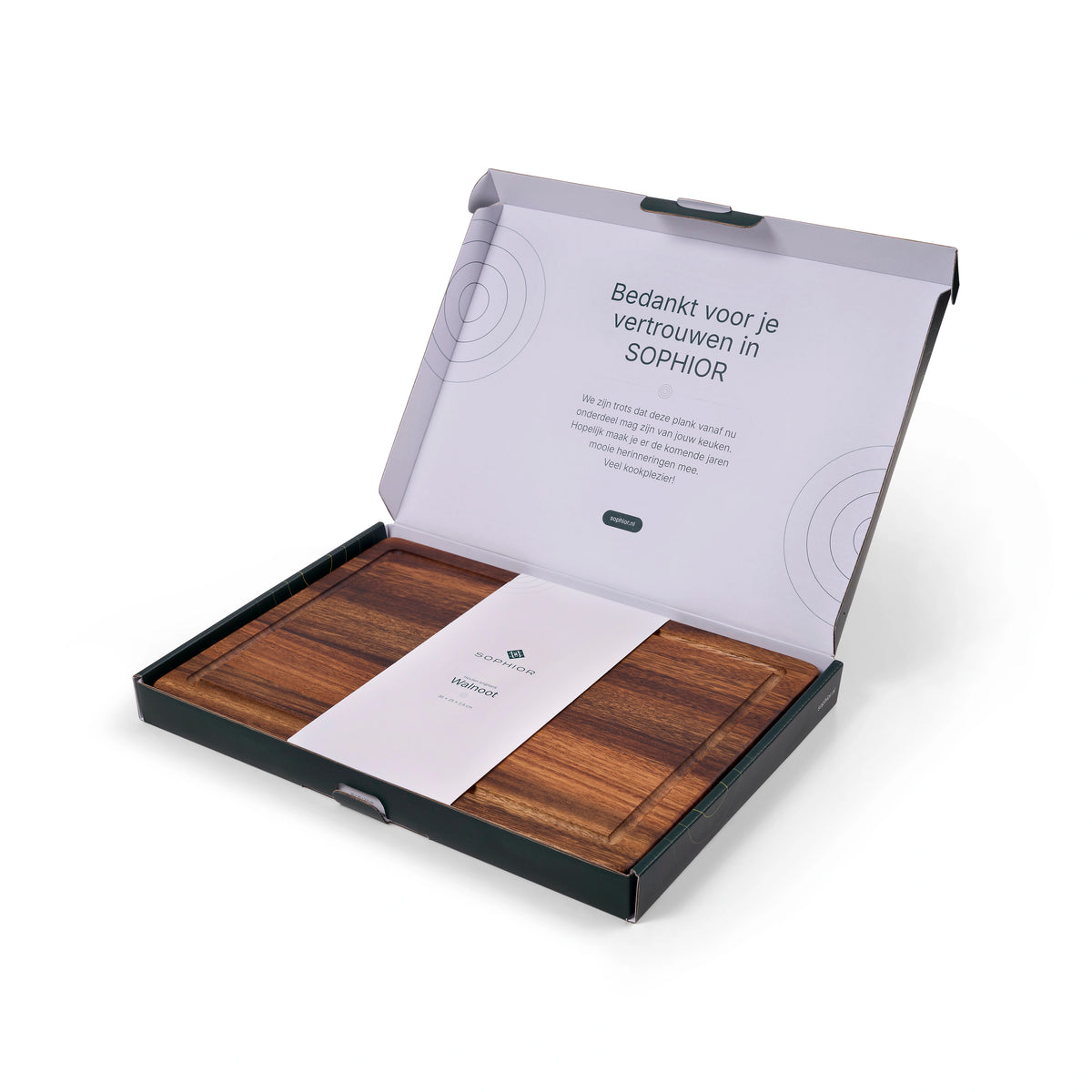 Houten snijplank walnoot langshout 35×25×2,5 cm met geopende verpakking