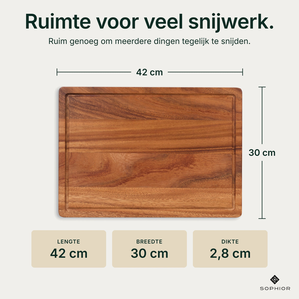 Houten Snijplankenset Walnoot - 2 Planken - infographic afmetingen 42×30