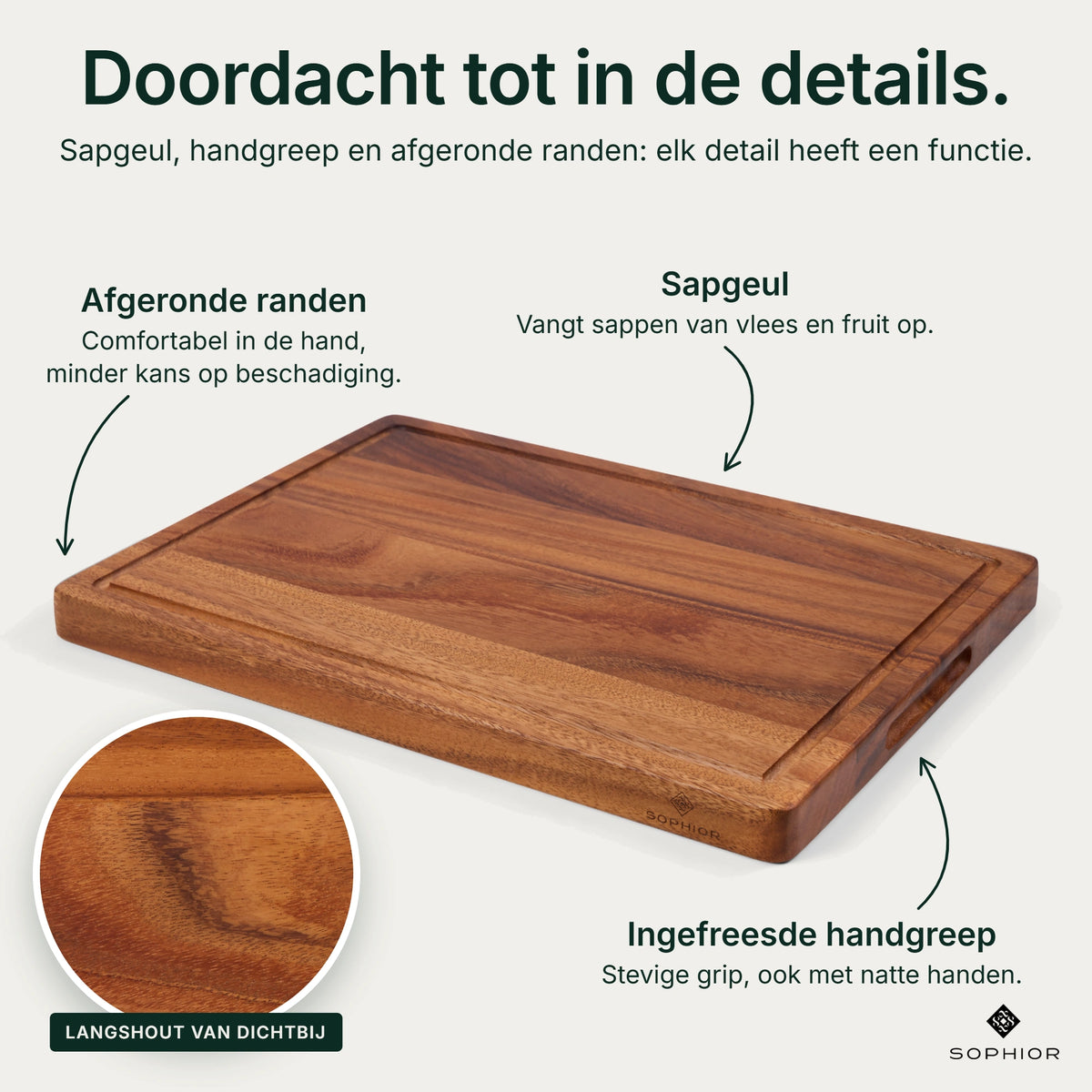 Details Houten Snijplank Walnoot 42×30×2,8 cm: afgeronde randen, sapgeul die sappen van vlees en fruit opvangt en ingefreesde handgrepen