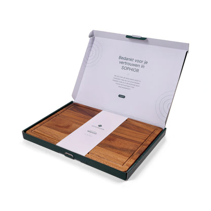 Houten snijplank walnoot langshout 42×30×2,8 cm met geopende verpakking