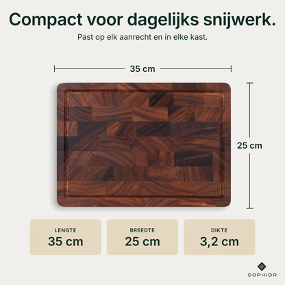 Afmetingen Houten Snijplank Walnoot Kopshout: 35 cm lang, 25 cm breed en 3,2 cm dik