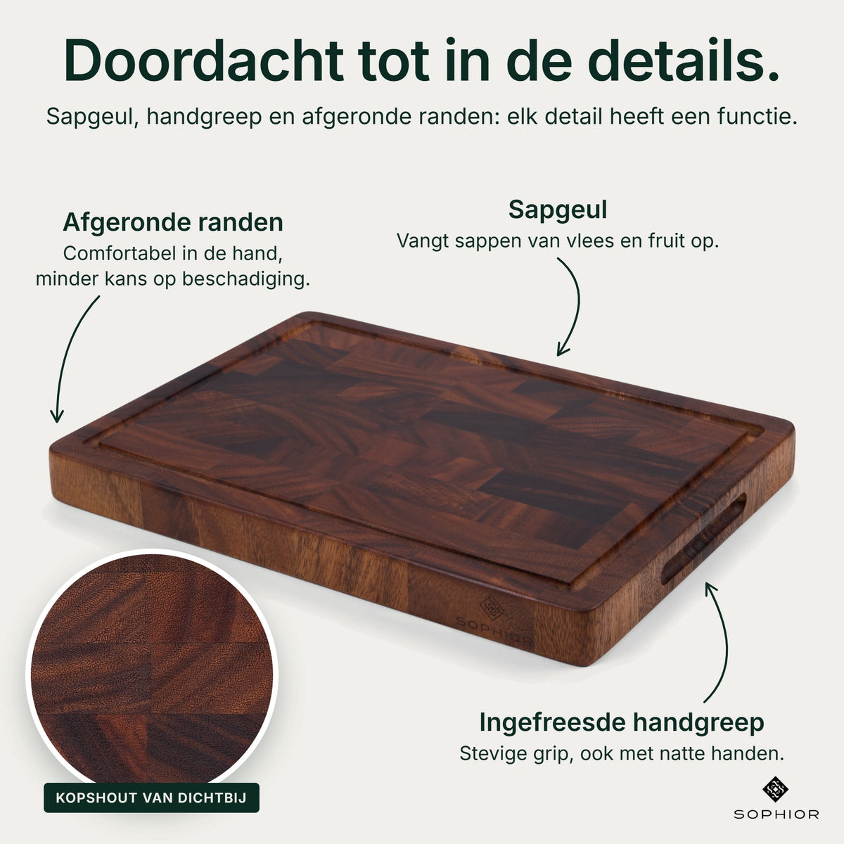 Details Houten Snijplank Walnoot Kopshout 35×25×3,2 cm: afgeronde randen, sapgeul die sappen van vlees en fruit opvangt en ingefreesde handgrepen
