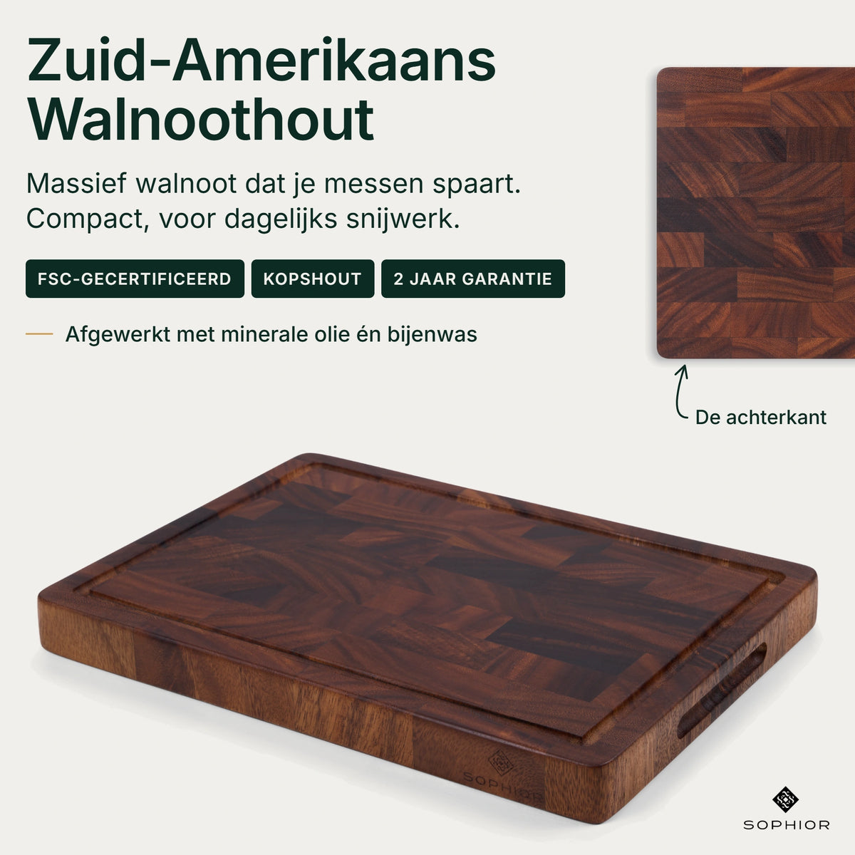 Infographic Houten Snijplank Walnoot Kopshout 35×25×3,2 cm: massief walnoothout, FSC-gecertificeerd, 2 jaar garantie, afgewerkt met minerale olie en bijenwas