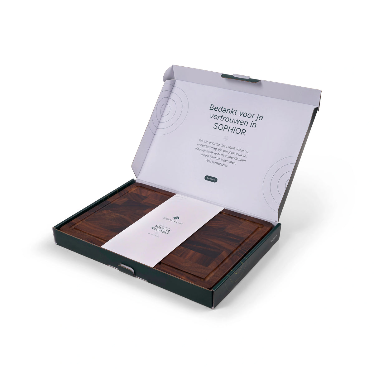 Houten snijplank walnoot kopshout 35×25×3,2 cm met geopende verpakking