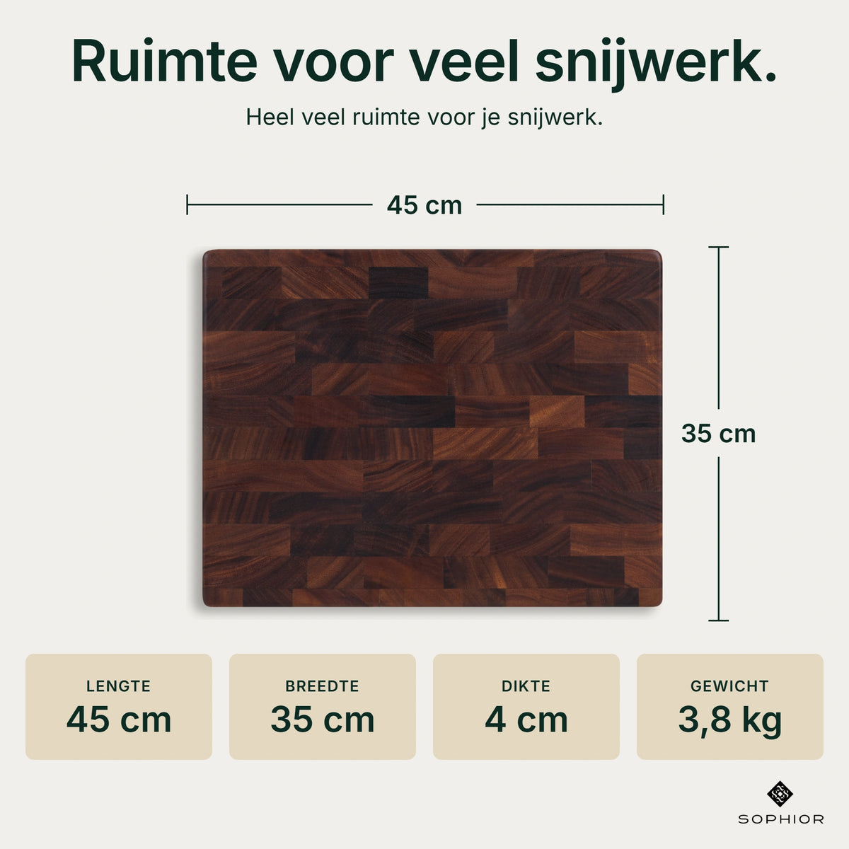 Houten Snijplank Walnoot Kopshout - 45×35×4 cm - infographic afmetingen