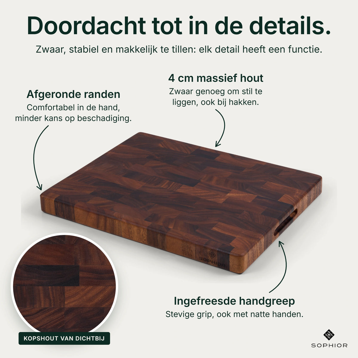 Houten Snijplank Walnoot Kopshout - 45×35×4 cm - infographic details