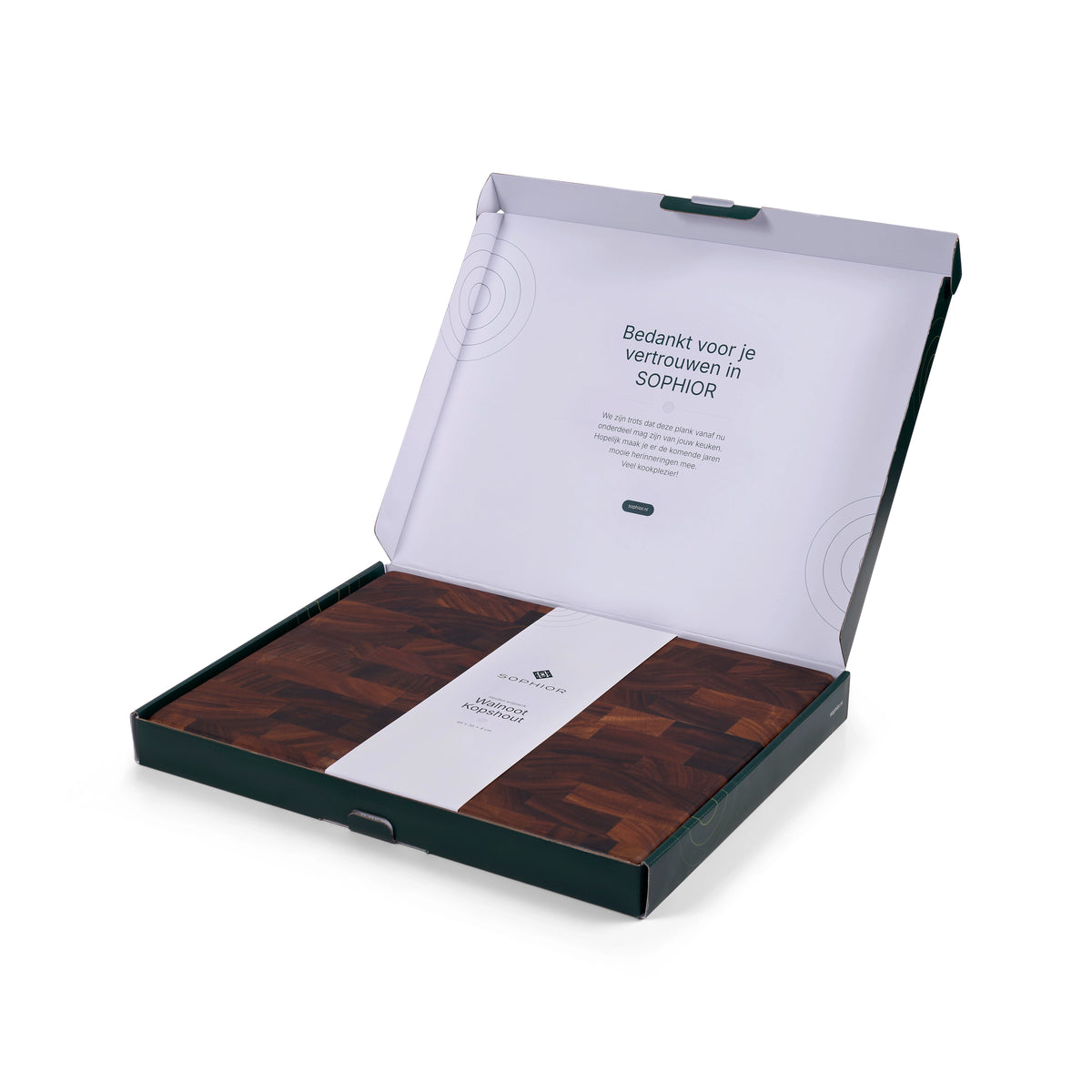 Houten Snijplank Walnoot Kopshout - 45×35×4 cm - verpakking open