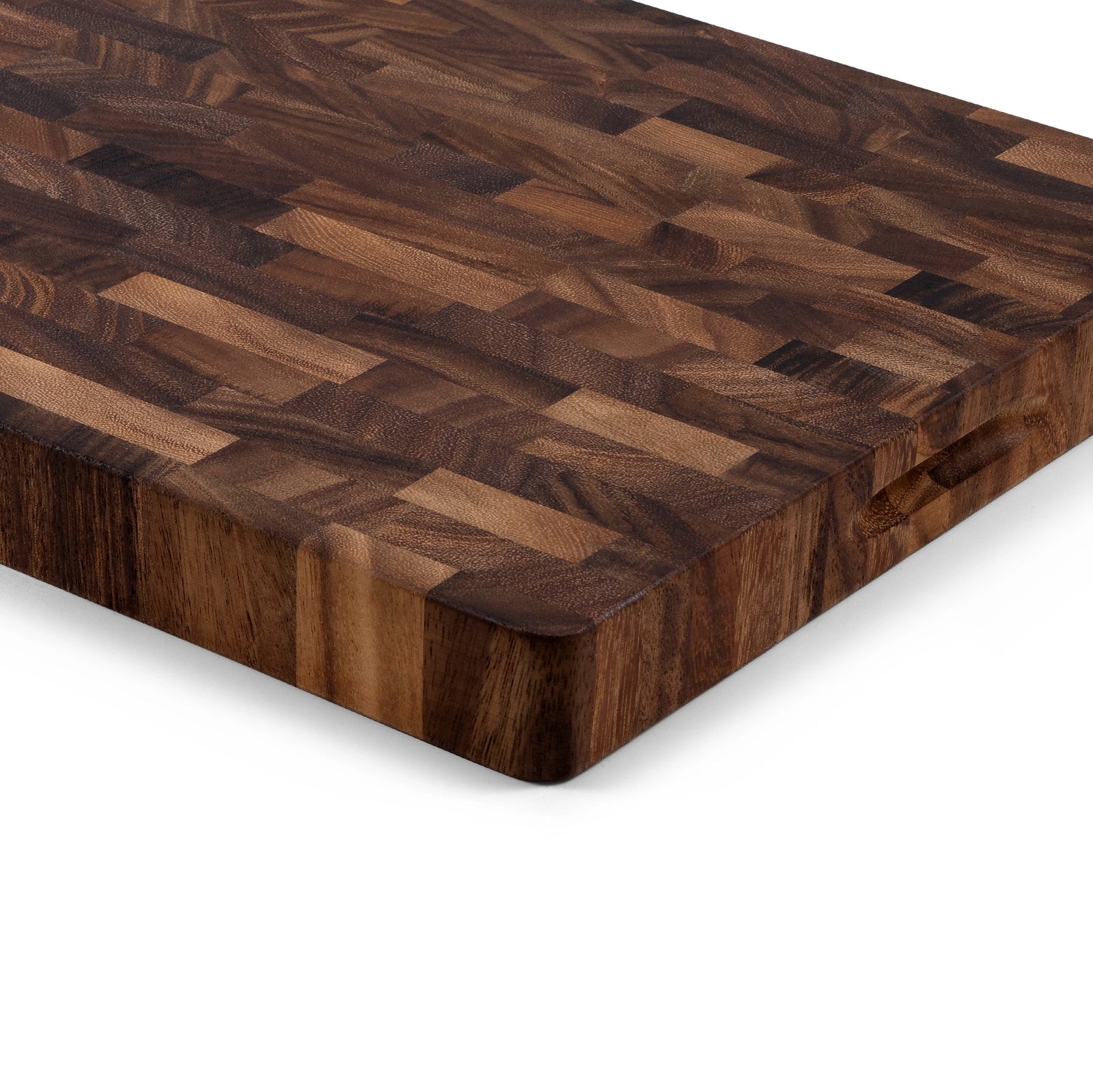 Houten Snijplank Walnoot Kopshout – 45×35×4 cm close-up achterkant met afgeronde rand