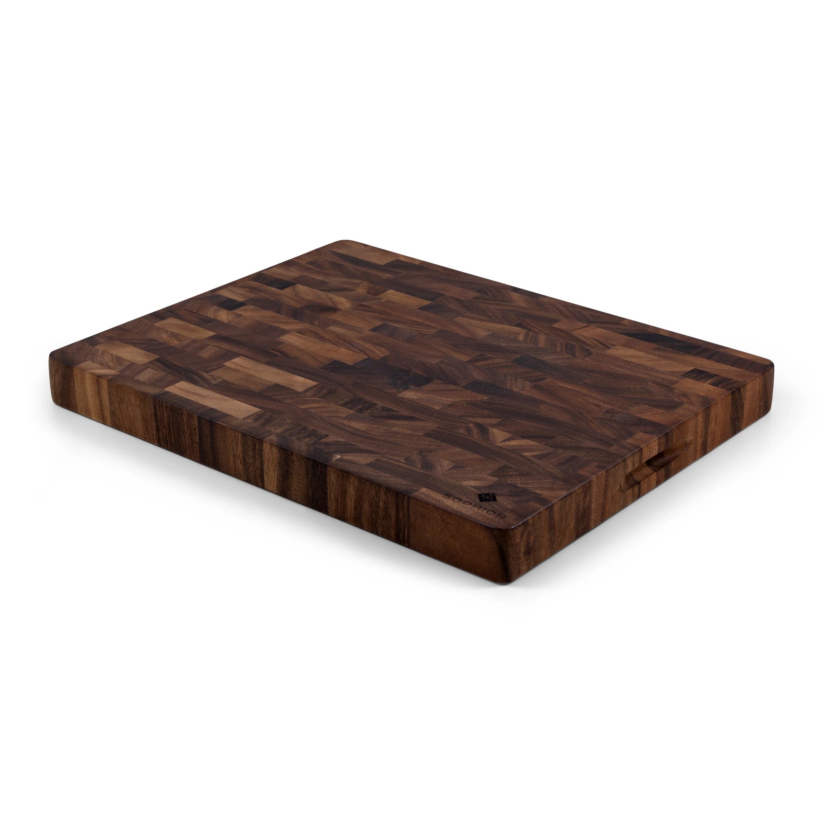 Houten Snijplank Walnoot Kopshout – 45×35×4 cm vanuit de hoek met dikke profielzijde
