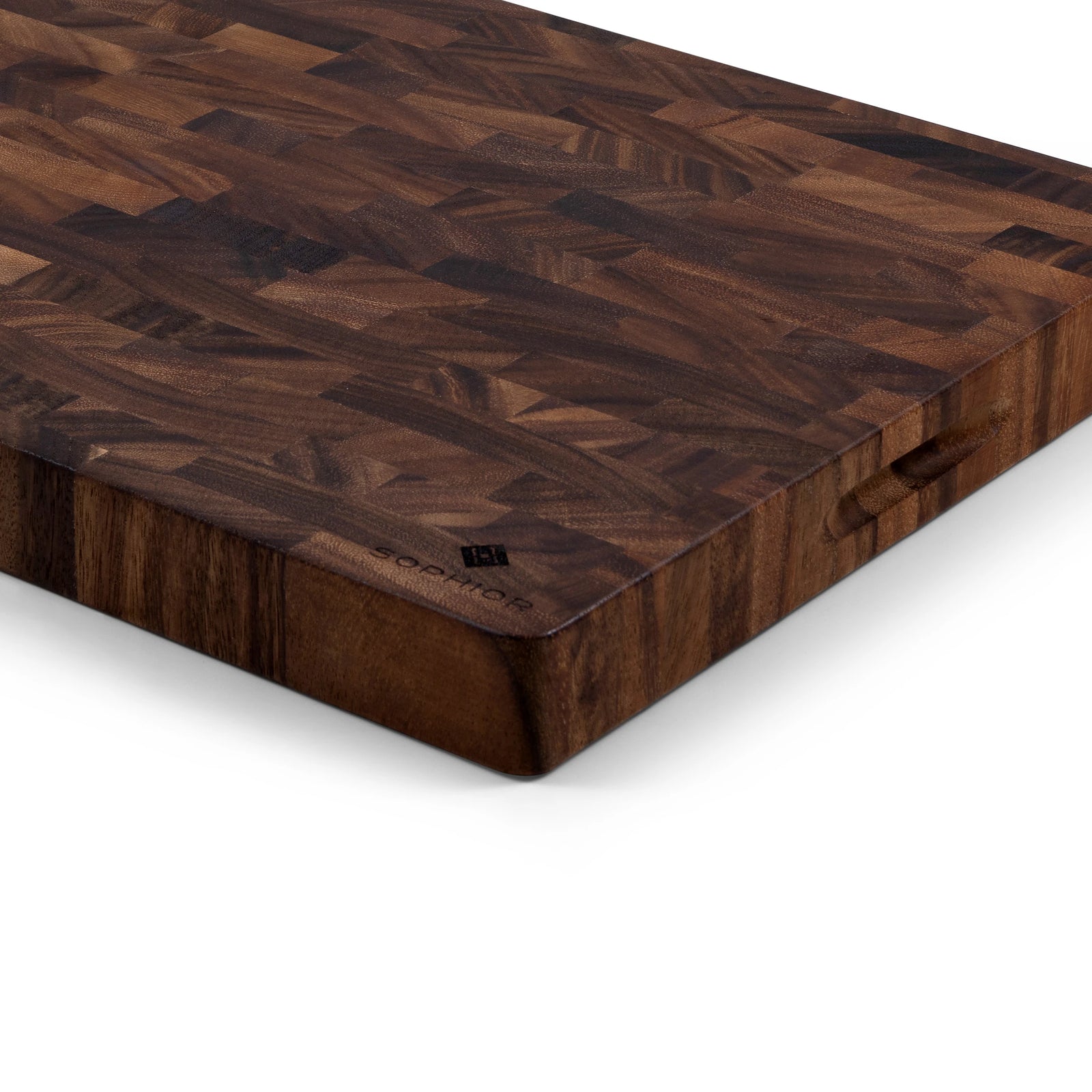 Houten Snijplank Walnoot Kopshout – 45×35×4 cm close-up van kopshout-patroon en zijkant