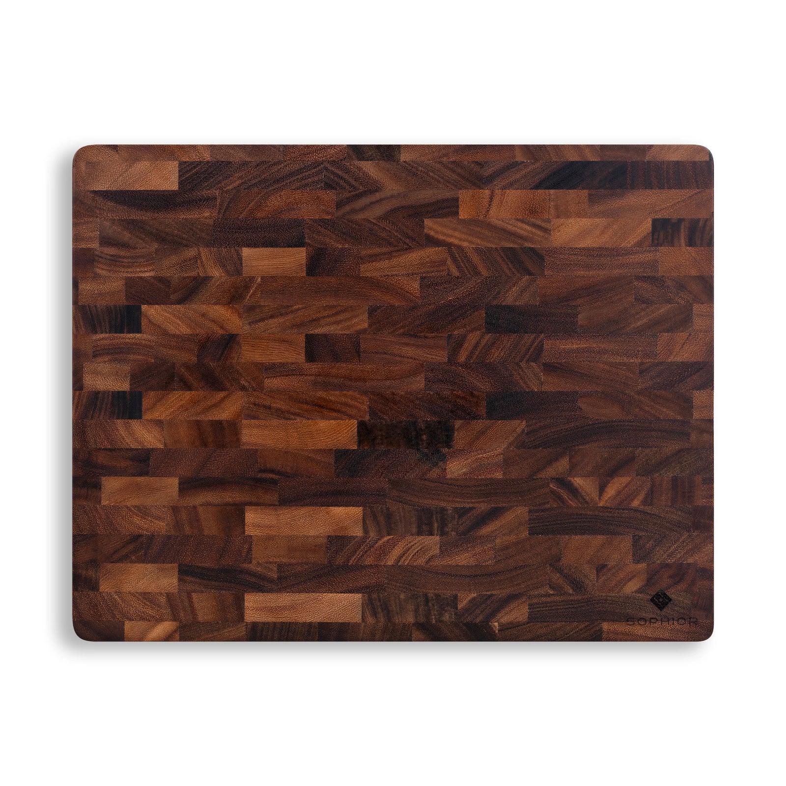 Houten Snijplank Walnoot Kopshout – 45×35×4 cm vooraanzicht met kopshout-mozaïekpatroon