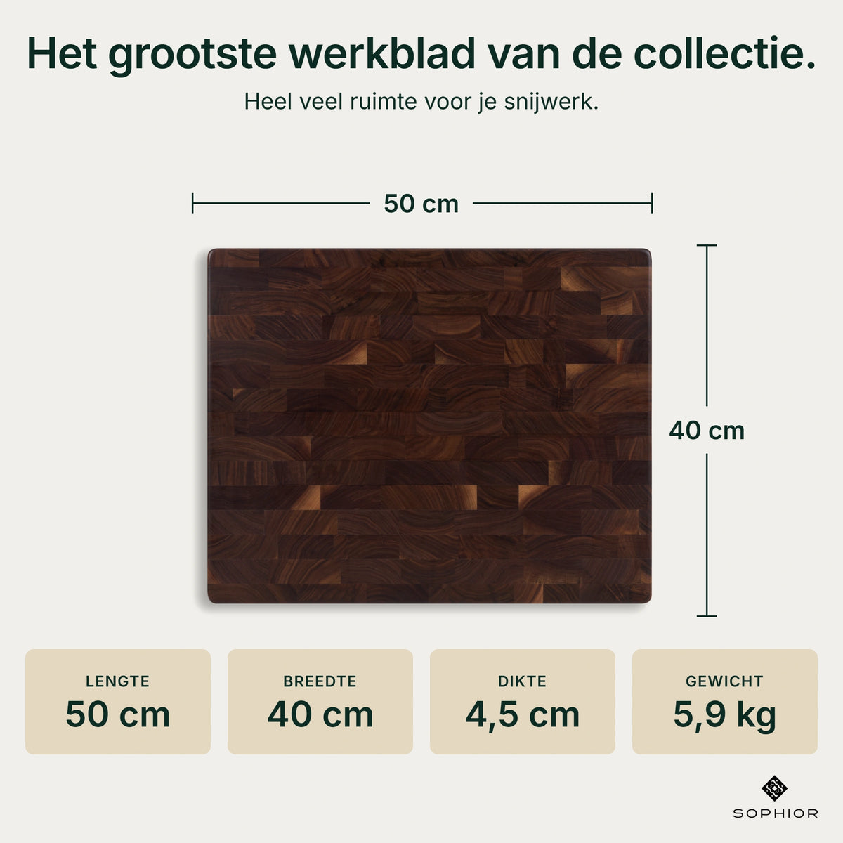 Houten Snijplank Zwart Walnoot Kopshout - 50×40×4,5 cm - infographic afmetingen