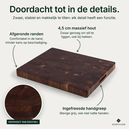 Houten Snijplank Zwart Walnoot Kopshout - 50×40×4,5 cm - infographic details