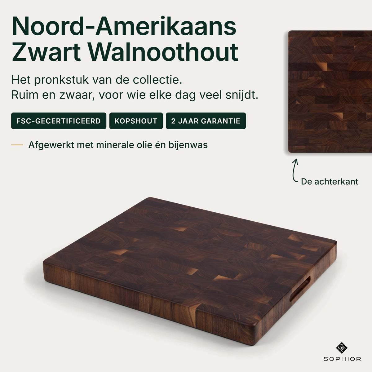 Houten Snijplank Zwart Walnoot Kopshout - 50×40×4,5 cm - infographic hero