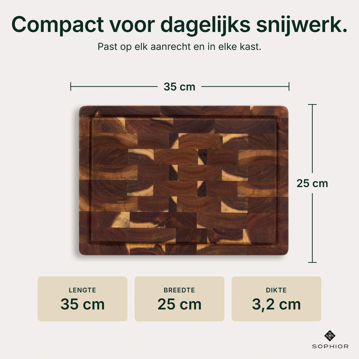 Houten Snijplankenset Acacia Kopshout - 2 Planken - infographic afmetingen 35×25