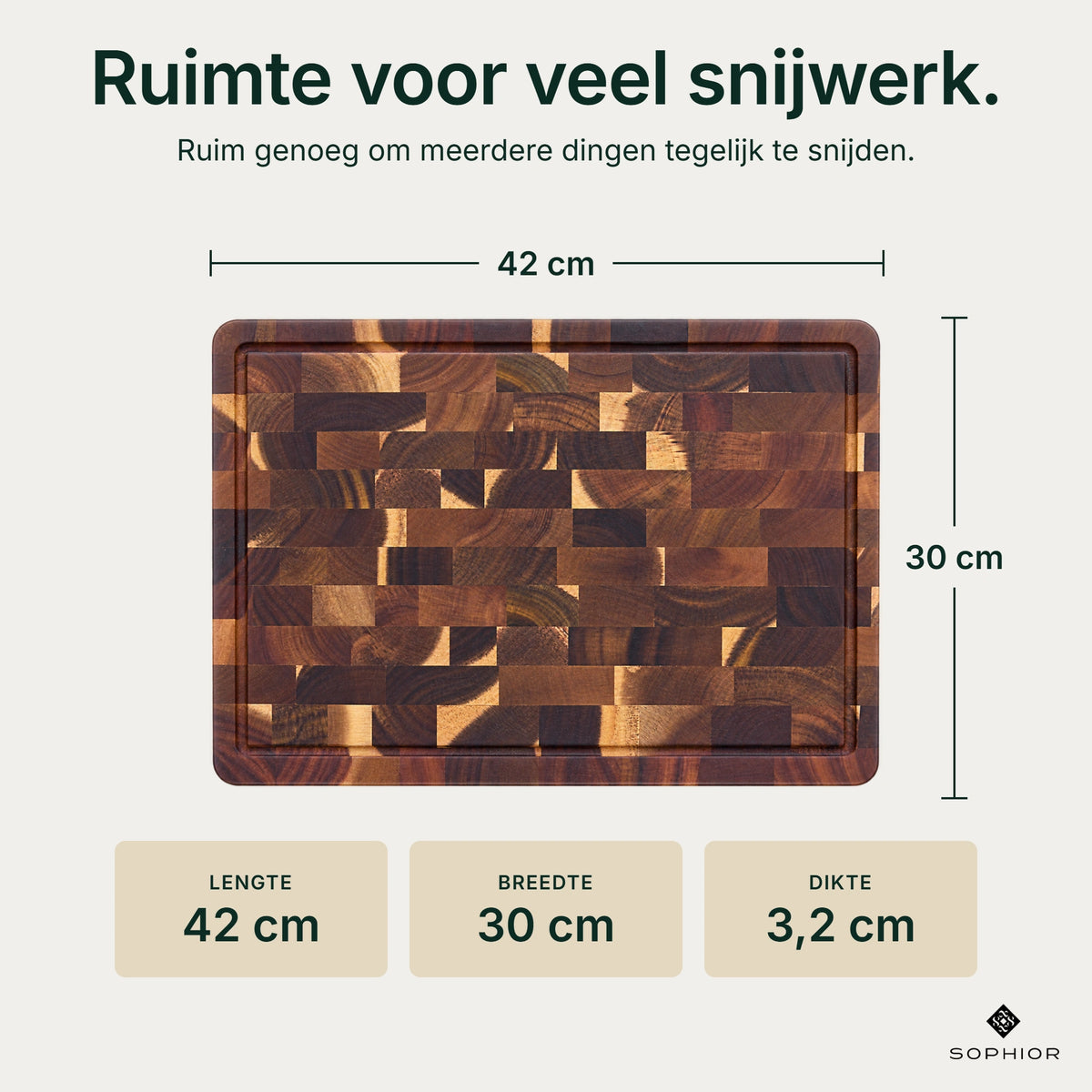 Houten Snijplankenset Acacia Kopshout - 2 Planken - infographic afmetingen 42×30