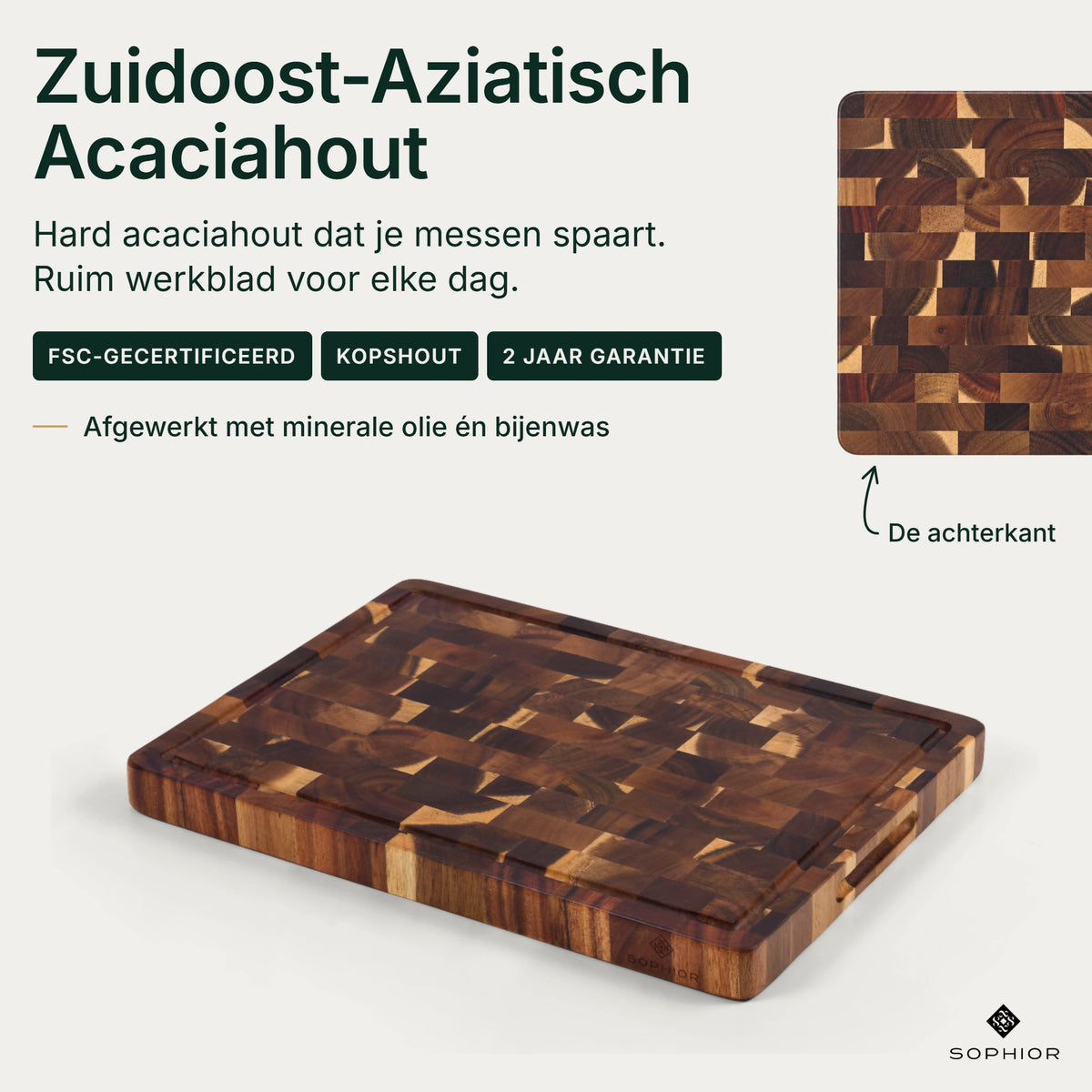 Houten Snijplankenset Acacia Kopshout - 2 Planken - infographic hero 42×30