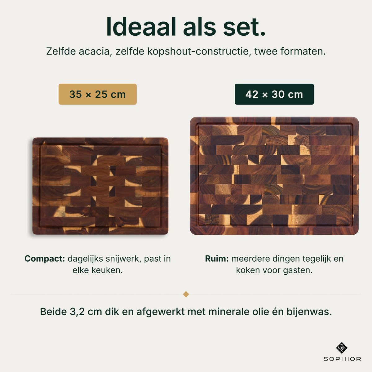 Houten Snijplankenset Acacia Kopshout - 2 Planken - infographic maatkeuze