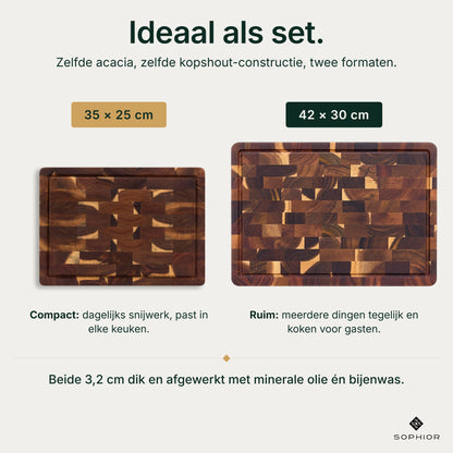 Houten Snijplankenset Acacia Kopshout - 2 Planken - infographic maatkeuze